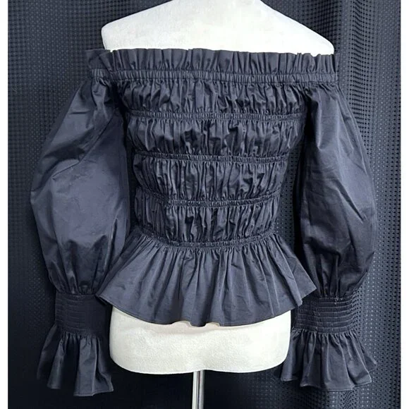 House of Harlow 1960 Black Smocked Off Shoulder Peplum Puff Sleeves Blouse Top L - Picture 6 of 9